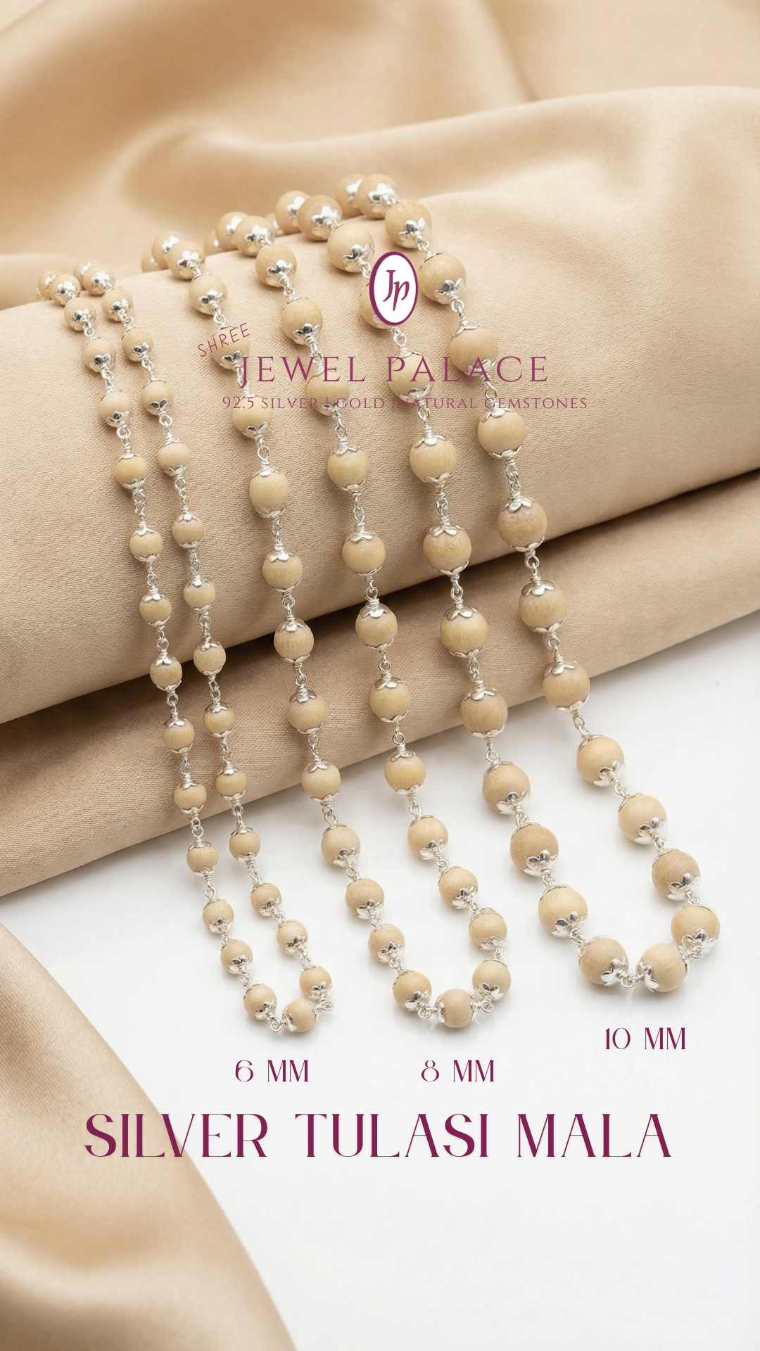 Silver Tulasi Mala — 999 Fine Silver Capped Tulsi Beads