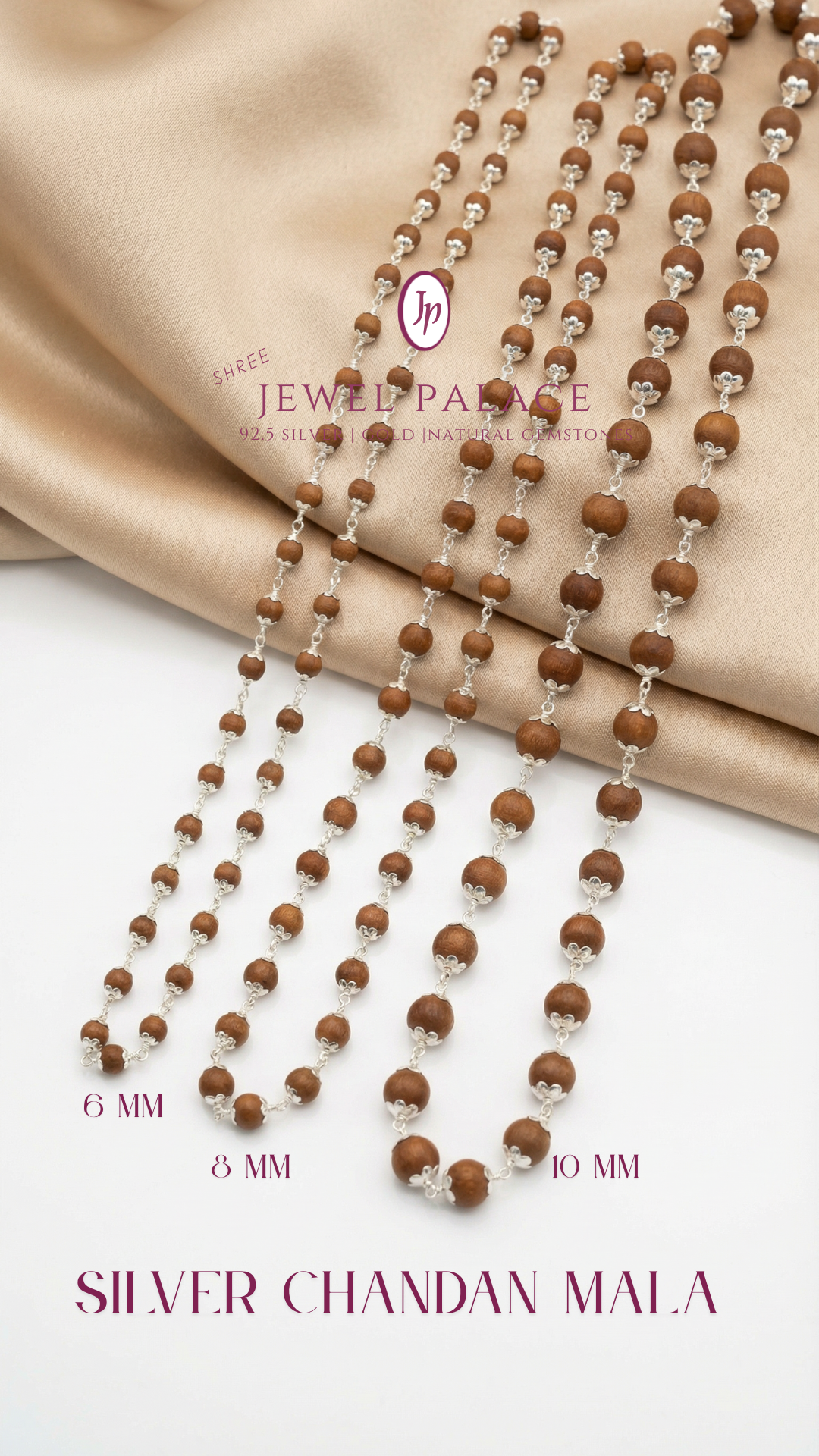 Silver Chandan Mala — 999 Fine Silver Capped Sandalwood Beads